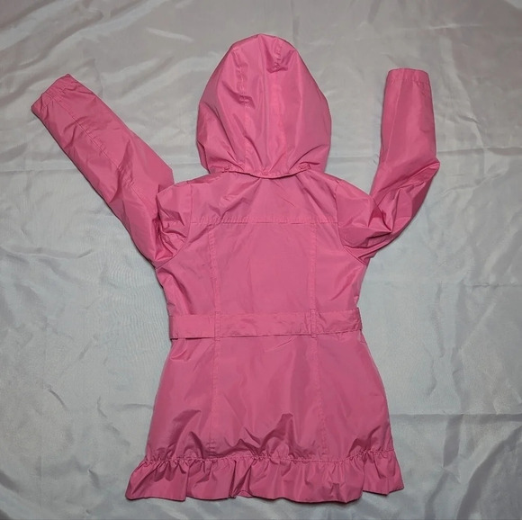 London Fog Girl 14-16 Pink Coral Trench Coat Button Front Removable Hood Frill - Picture 2 of 13